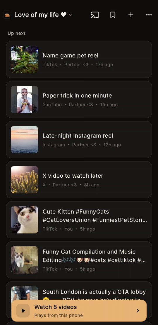 The SofaScroll shared queue: reels from TikTok, YouTube, Instagram and X in one private list, with a Watch button at the bottom.