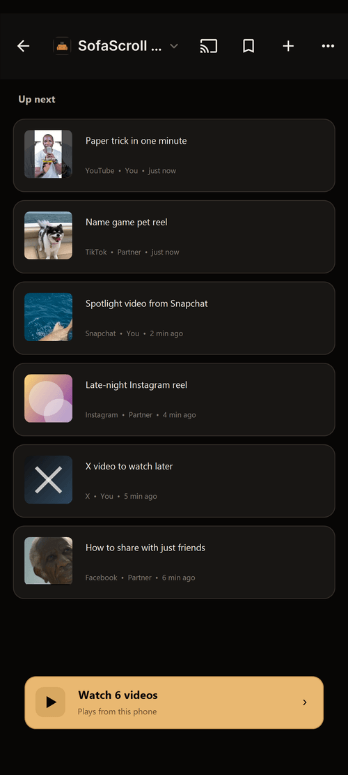 The shared SofaScroll queue with reels from TikTok, YouTube, Instagram and more, each showing who added it.