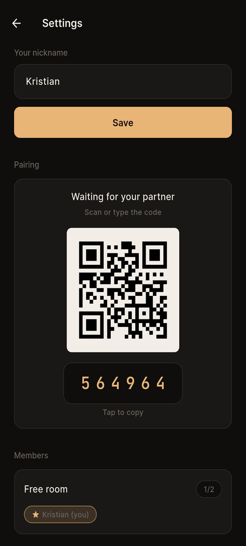 The SofaScroll pairing screen: a QR code and a six-digit room code to invite your partner.